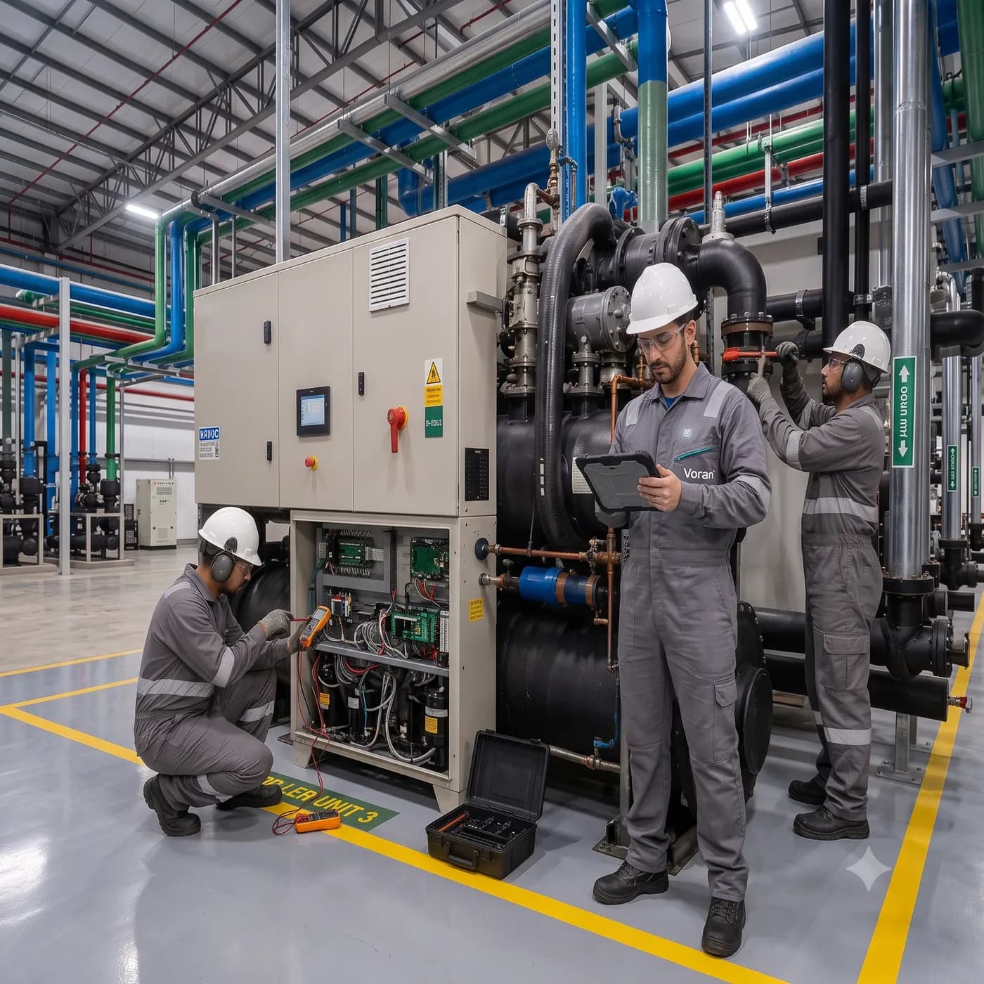 Equipe técnica da Voran operando um sistema de climatização industrial em planta