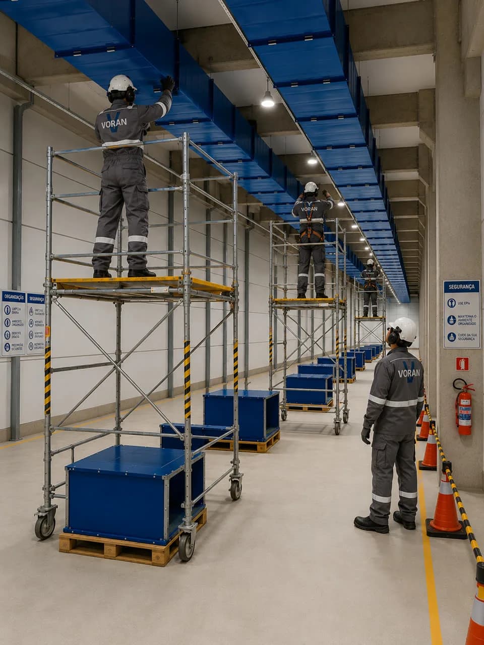 Equipe da Voran montando rede de dutos em altura, sobre andaime e com EPI, em planta industrial