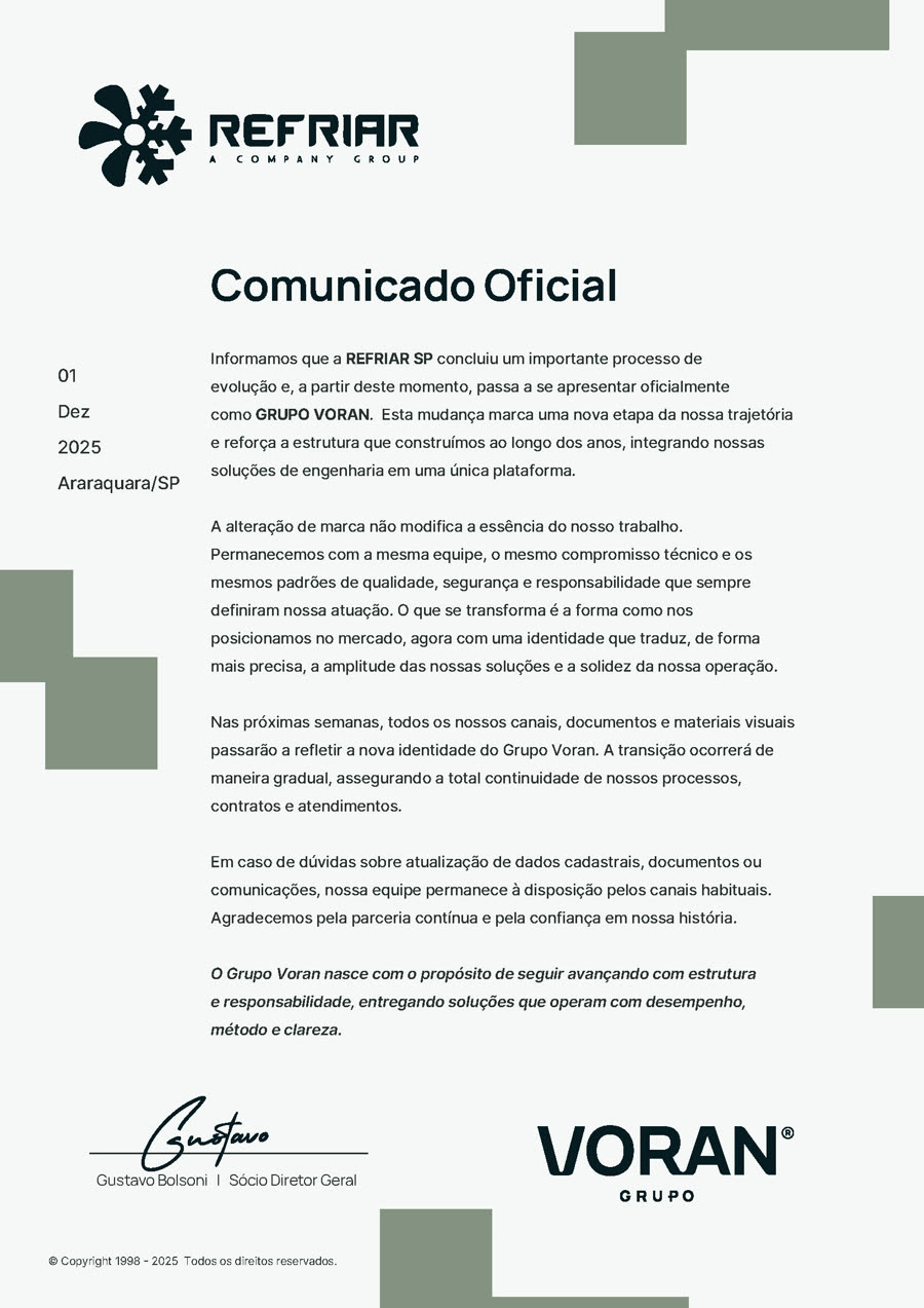 Comunicado oficial da transição Refriar SP para Grupo Voran